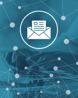 image of hands typing on laptop with overlay of network and an email symbol