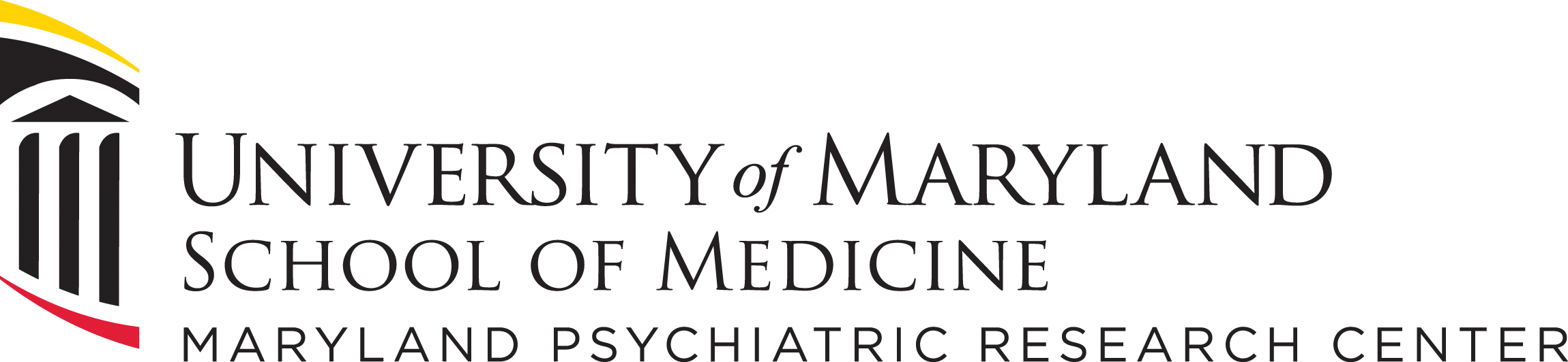 Logo featuring black columns with red top and yellow bottom with black text to right 