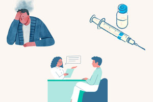 Graphic of sad person, needle and therapy